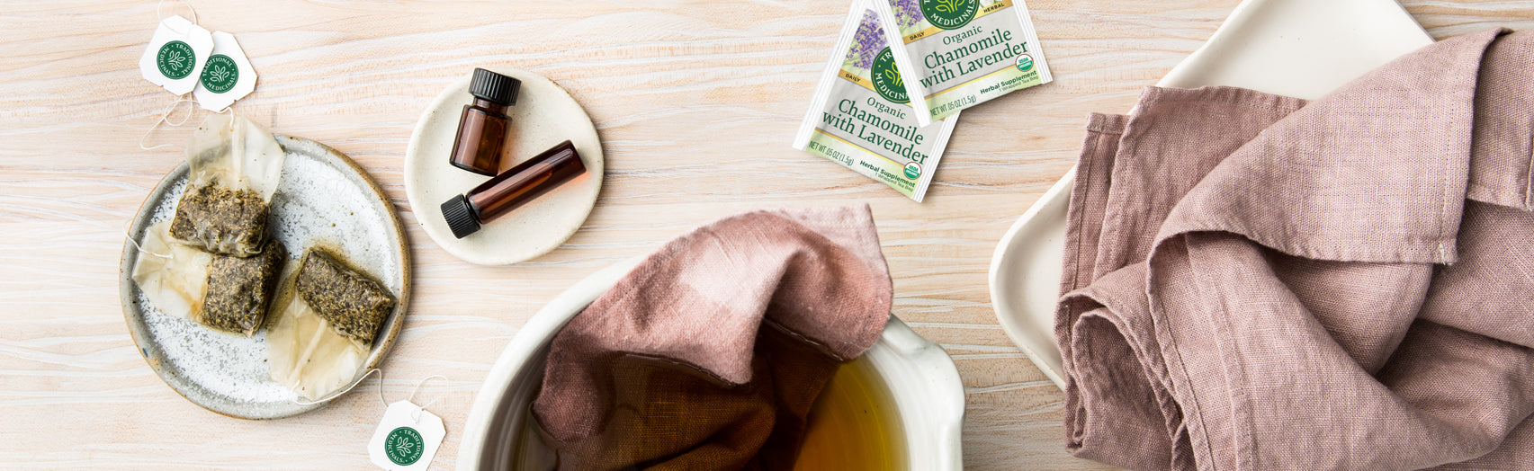 Chamomile with Lavender tea bags next to cold compress