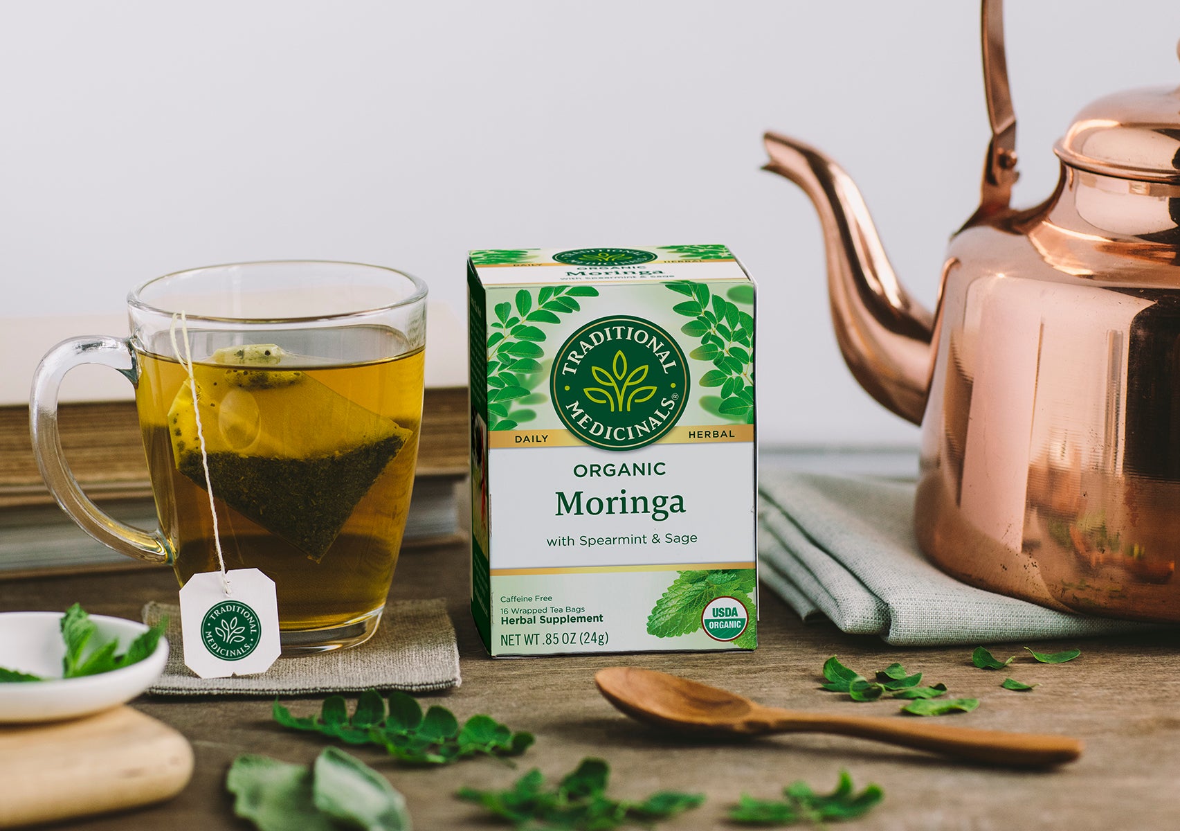 Moringa Spearmint Sage Tea in Cup with Kettle