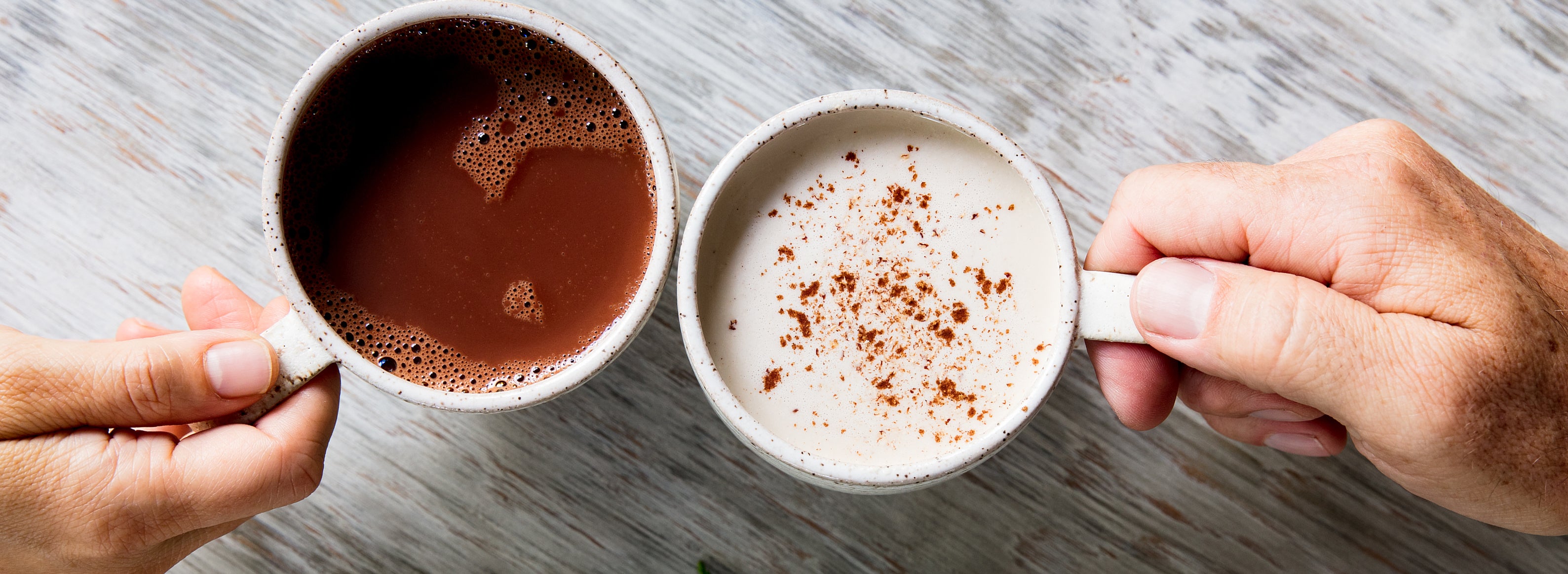 Peppermint hot cocoa and nog in mugs