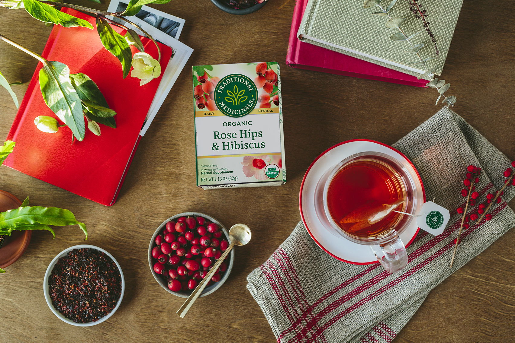 rose hips tea brewed on table