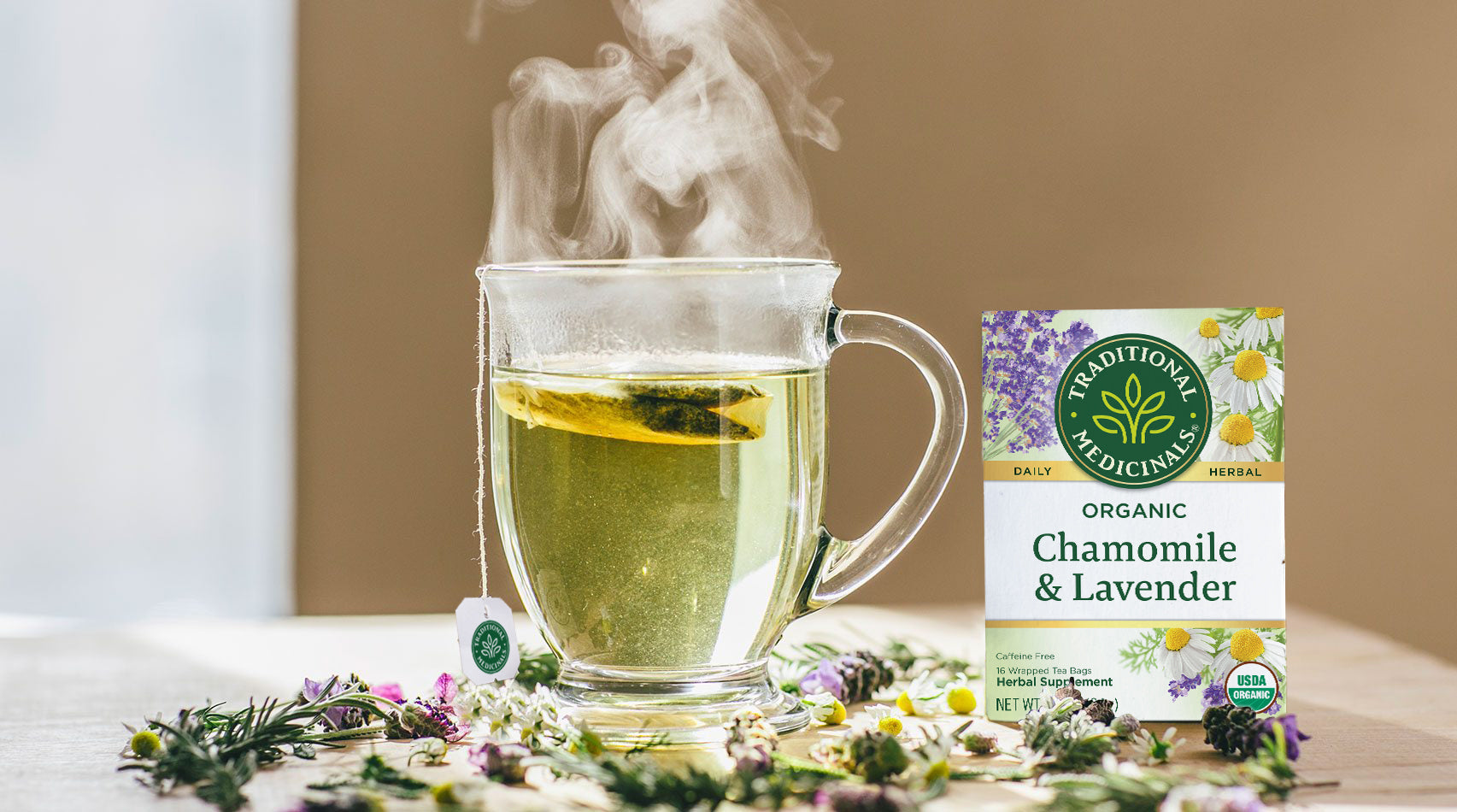 Organic Chamomile Lavender Tea Steeping in Glass Mug