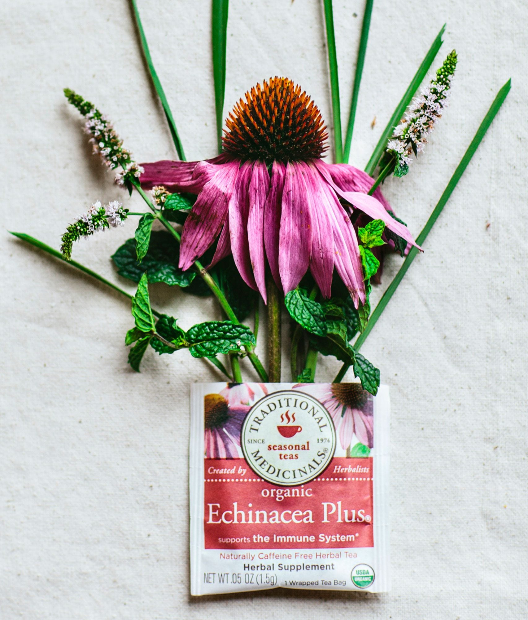 echinacea tea packet with flowers
